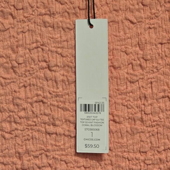 NWT Chico's Knit M Top Textured Cap Sleeve Tee Top Coral Blossom - Picture 4 of 10